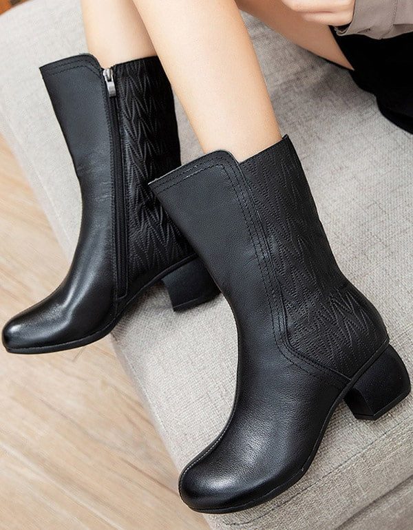 Mid-tube Round Head Plysj Retro Chunky Boots