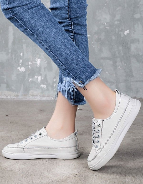 Casual Leather Sneakers For Dame Hvit