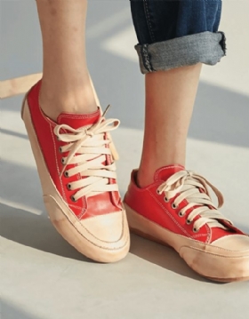 Lace Up Leather Casual Flat Shoes For Kvinner