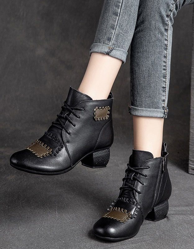 Håndlagde Retro Leather Patch Chunky Boots