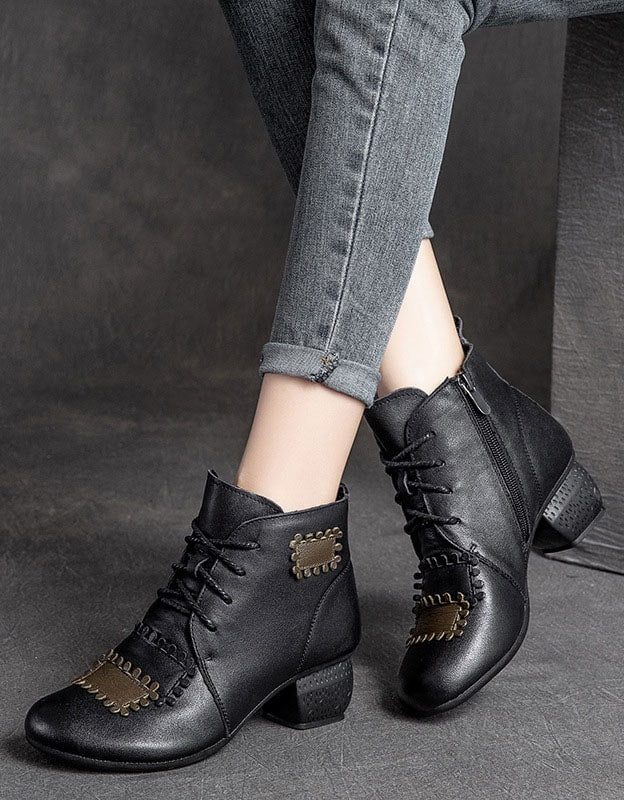 Håndlagde Retro Leather Patch Chunky Boots