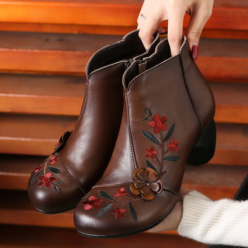 Brodert Blomst Retro Chunky Boots Dame