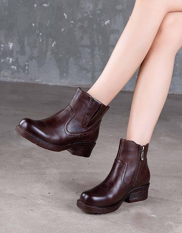 Håndlagde Retro Leather Chunky Heel Boots