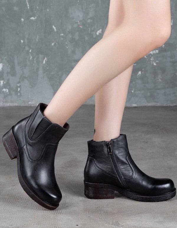 Håndlagde Retro Leather Chunky Heel Boots