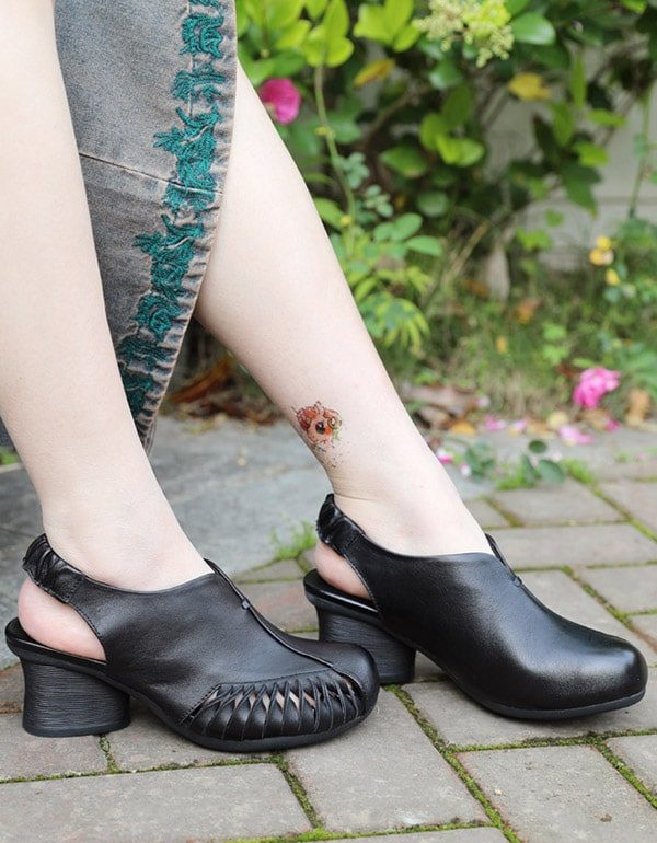 Håndlagde Retro Leather Chunky Heels