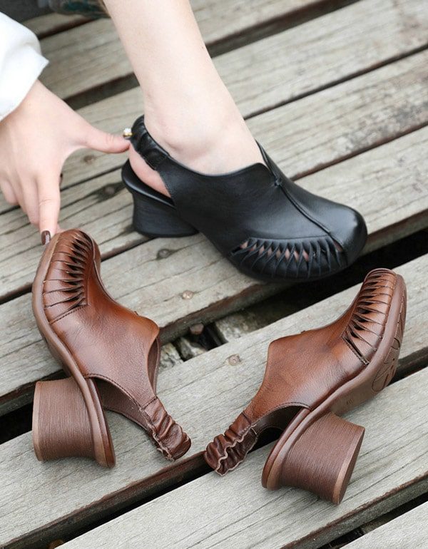 Håndlagde Retro Leather Chunky Heels