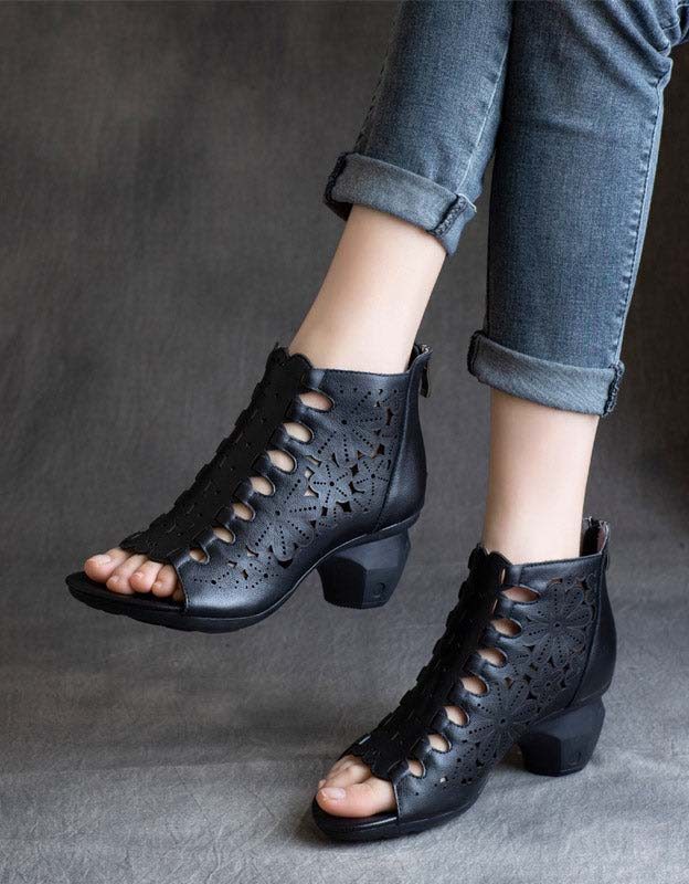 Håndlagde Retro Leather Sommer Chunky Heels