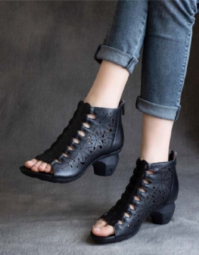 Håndlagde Retro Leather Sommer Chunky Heels