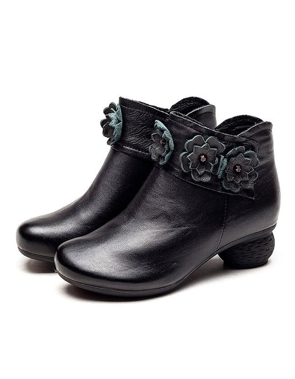 Høst Vinter Retro Leather Flower Chunky Sko