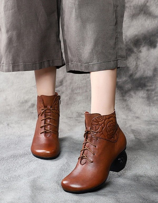 Høst Vinter Round Head Retro Leather Chunky Boots