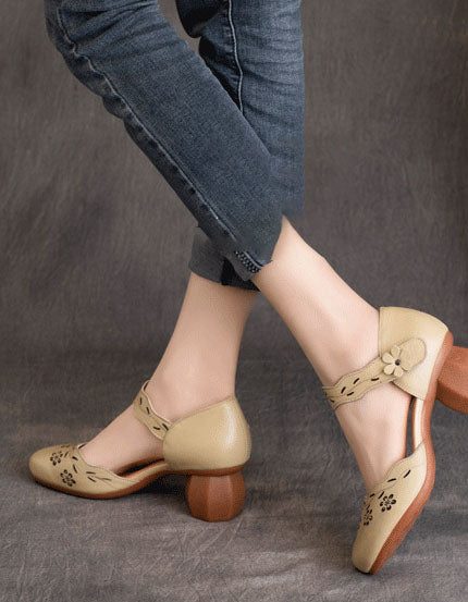 Retro Flower Hollow Elegant Chunky Heels