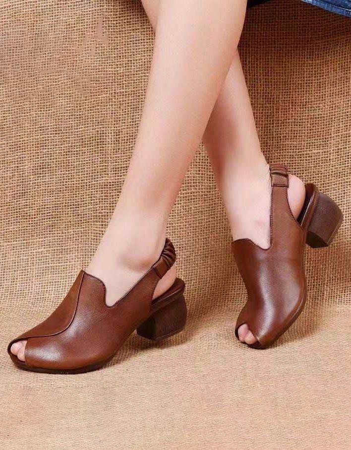 Retro Leather Slingback Fish Toe Chunky Heel Sandaler