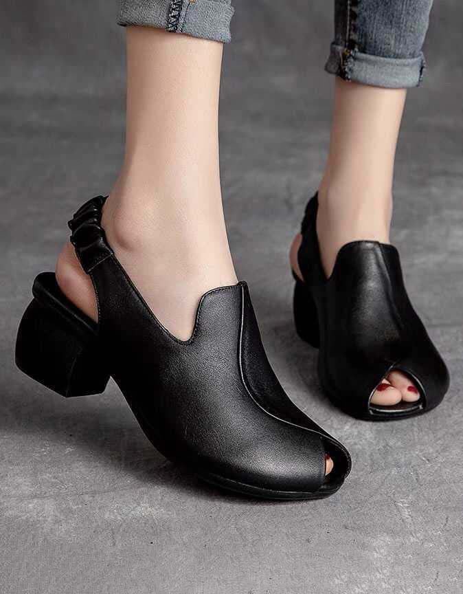 Retro Leather Slingback Fish Toe Chunky Heel Sandaler