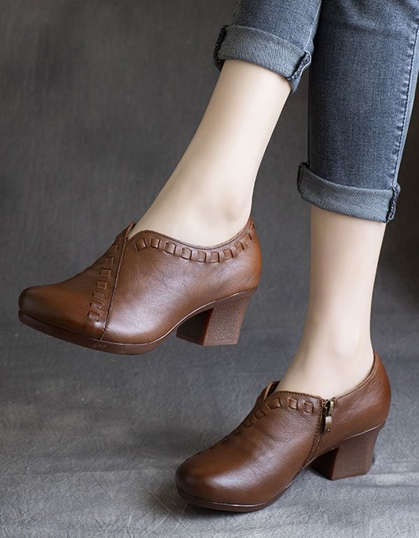 Spring Retro Leather Chunky Heel Sko