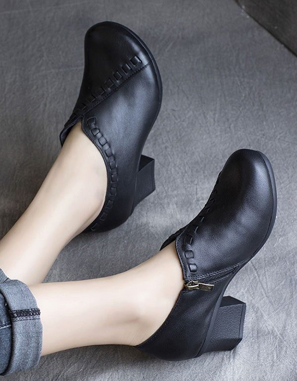 Spring Retro Leather Chunky Heel Sko