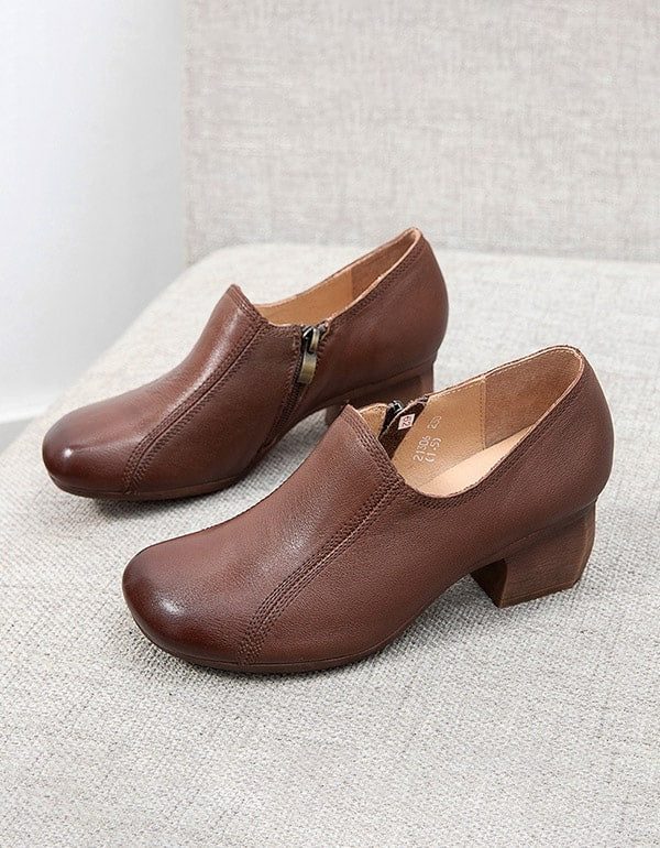 Spring Retro Leather Elegant Chunky Shoes