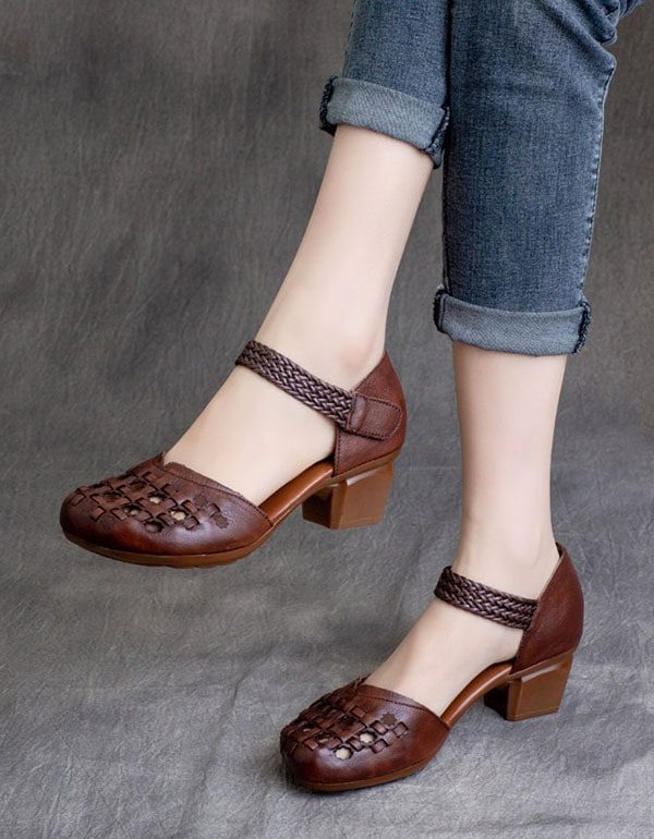 Spring Retro Leather Håndlagde Vevde Chunky Heels Sko