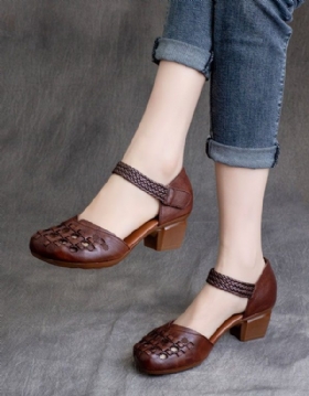 Spring Retro Leather Håndlagde Vevde Chunky Heels Sko