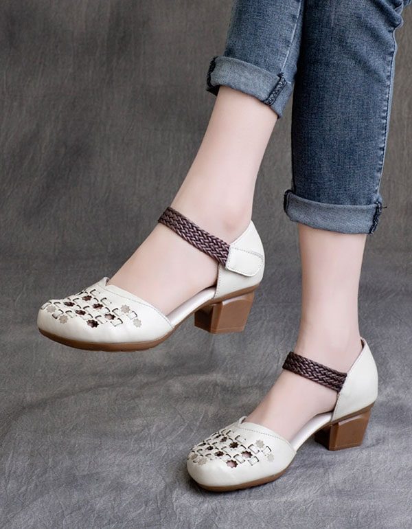 Spring Retro Leather Håndlagde Vevde Chunky Heels Sko