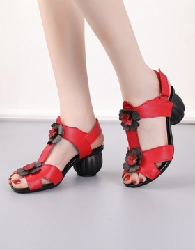 Summer Retro Leather Flower Chunky Heels