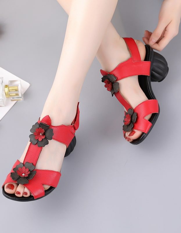 Summer Retro Leather Flower Chunky Heels