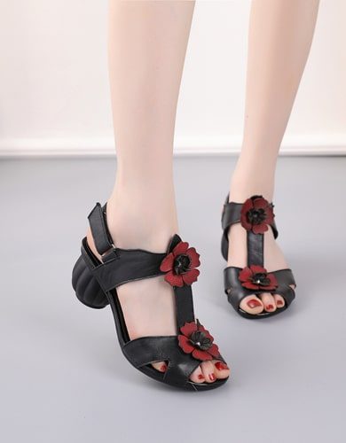 Summer Retro Leather Flower Chunky Heels