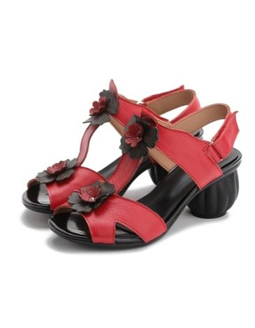 Summer Retro Leather Flower Chunky Heels