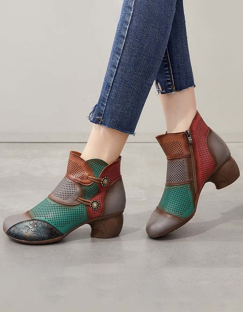 Håndlagde Color-block Hollow Vintage Chunky Booties