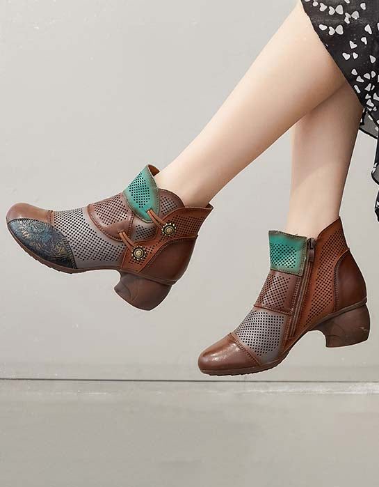 Håndlagde Color-block Hollow Vintage Chunky Booties