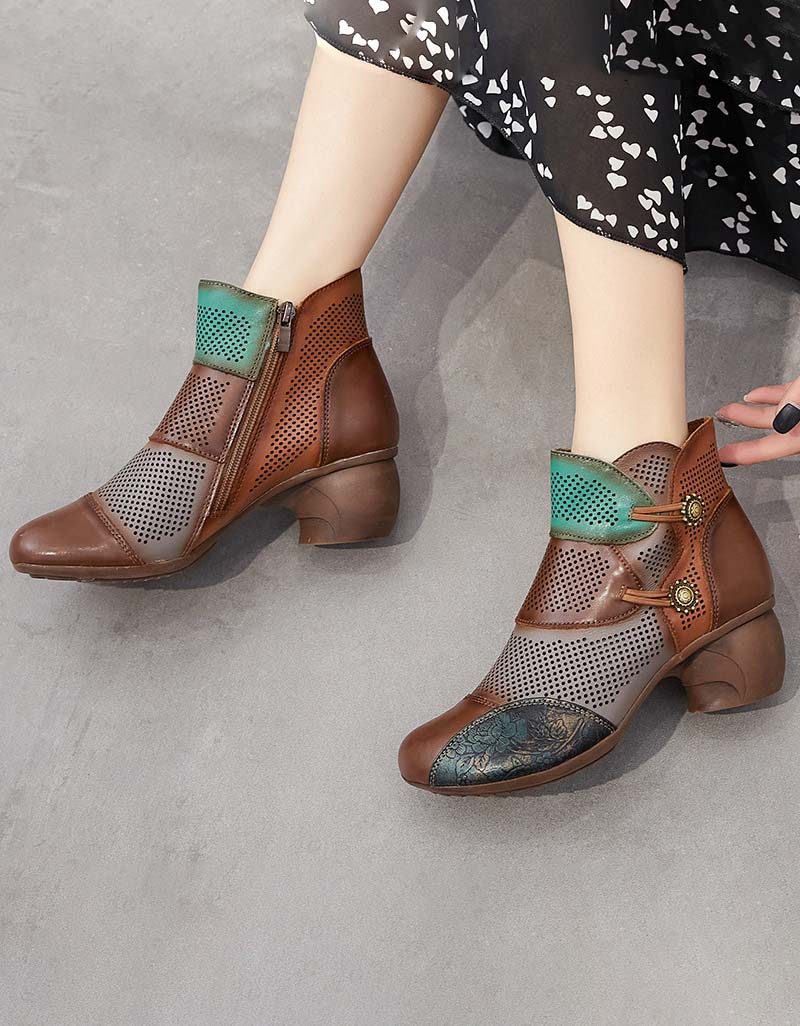 Håndlagde Color-block Hollow Vintage Chunky Booties