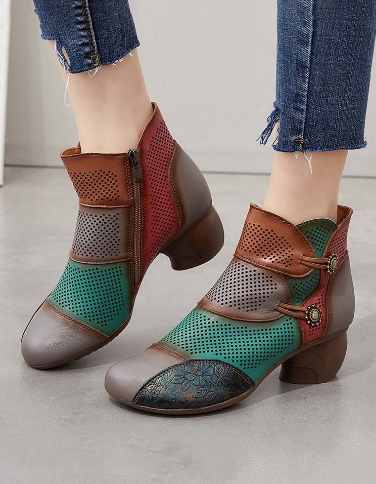 Håndlagde Color-block Hollow Vintage Chunky Booties