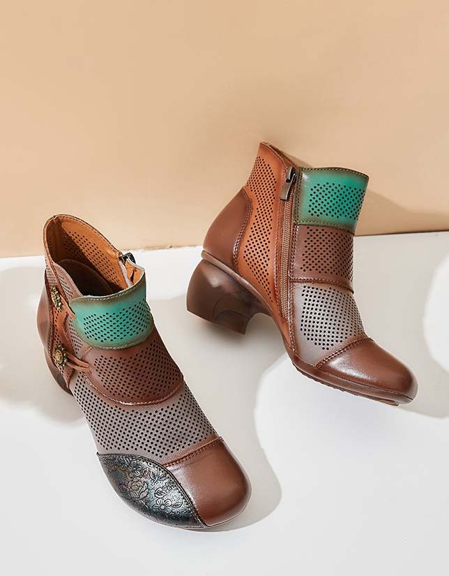 Håndlagde Color-block Hollow Vintage Chunky Booties