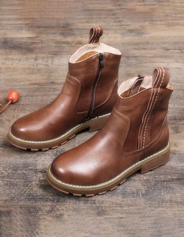 Håndlagde Retro Lær Marten Boots Med Tykk Hæl