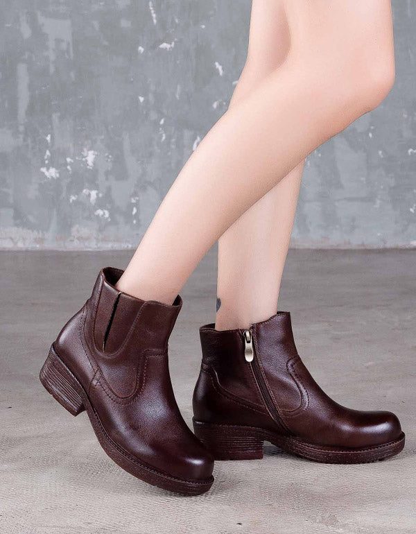 Håndlagde Retro Leather Chunky Heel Boots