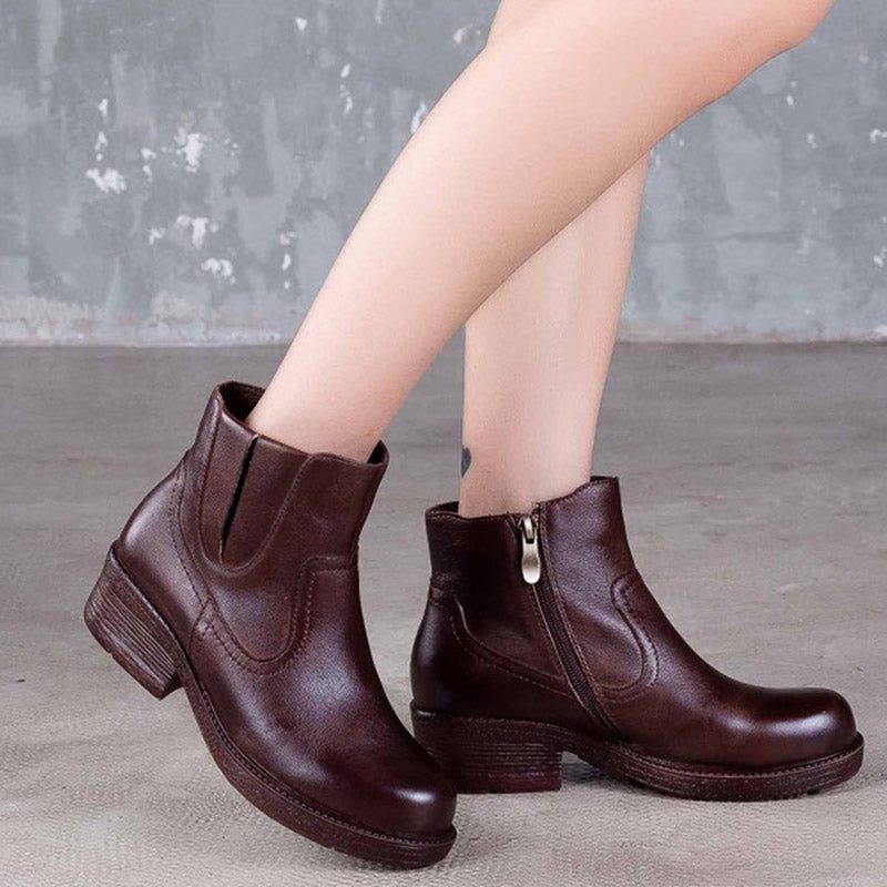 Håndlagde Retro Leather Chunky Heel Boots