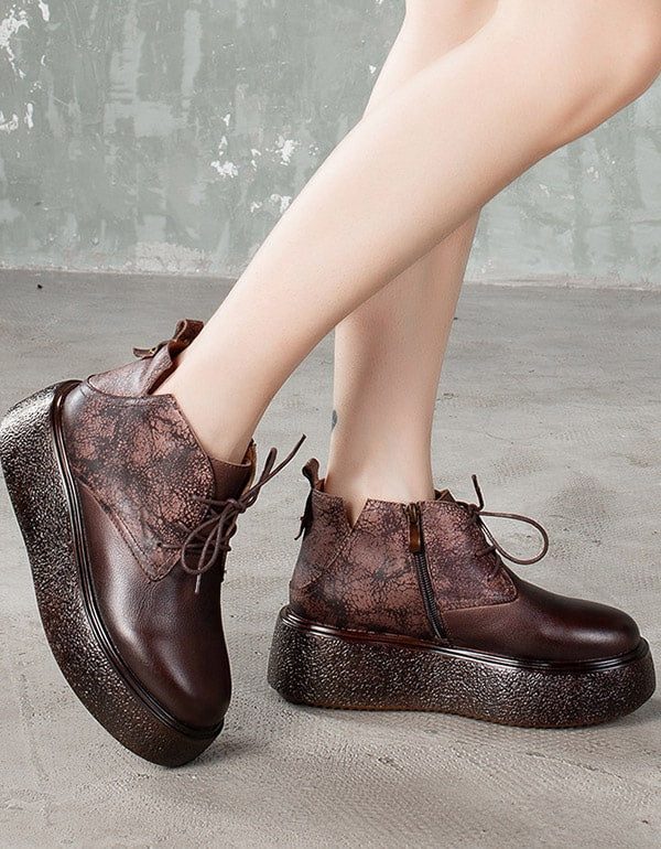 Platform Retro Leather Lace Up Fashion Boots