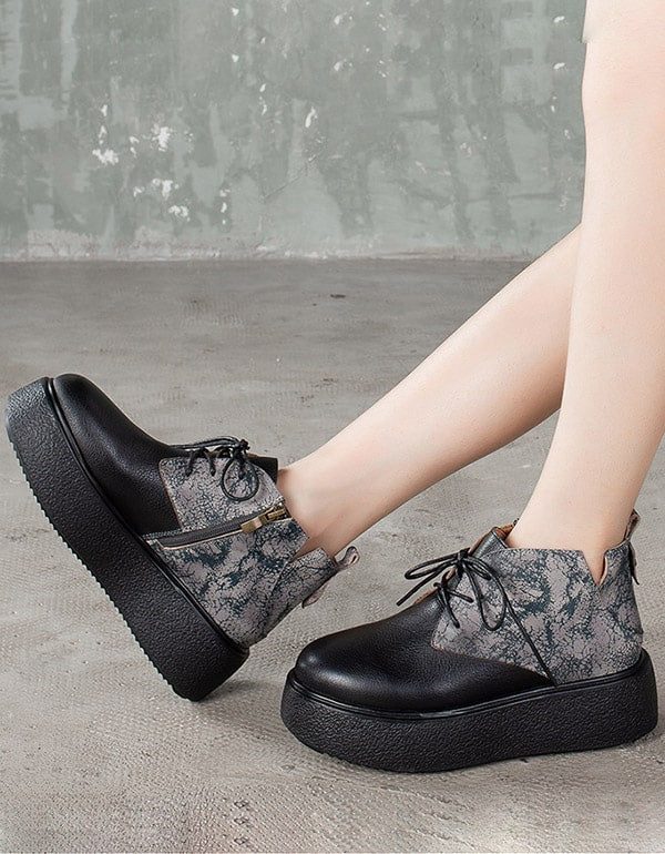 Platform Retro Leather Lace Up Fashion Boots