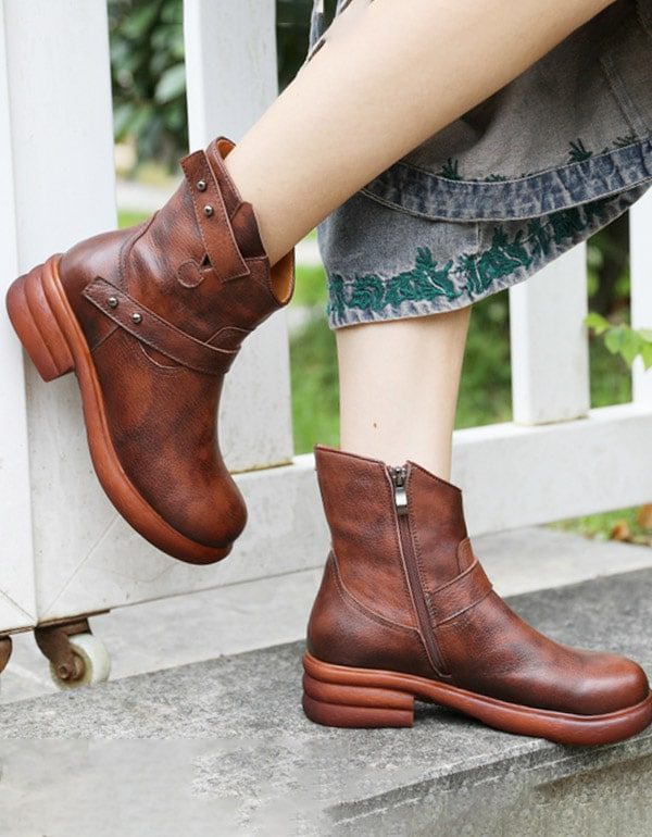 Retro Leather Cowboy Short Boots For Kvinner