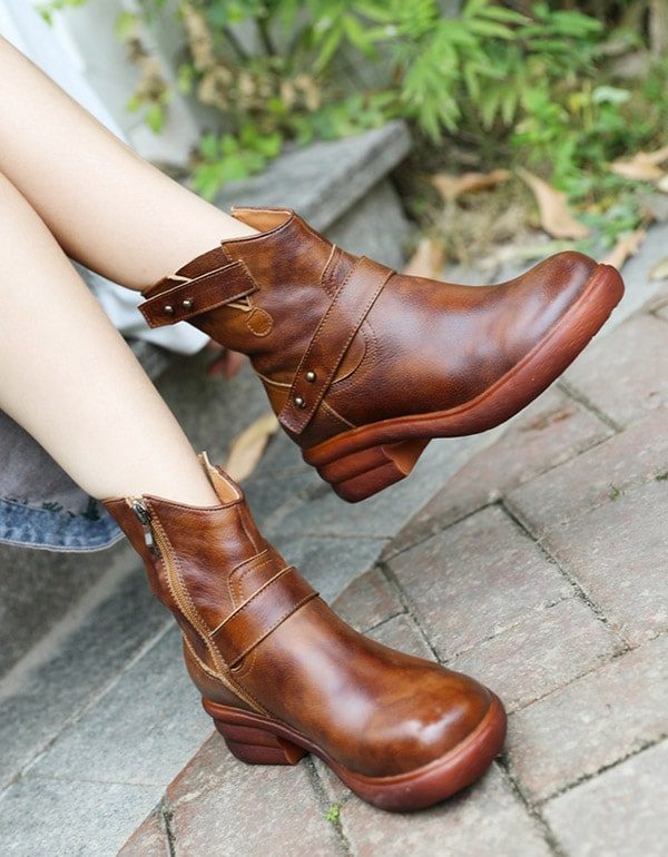 Retro Leather Cowboy Short Boots For Kvinner