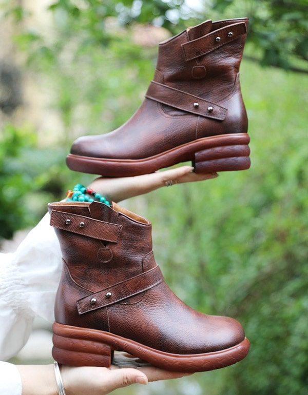 Retro Leather Cowboy Short Boots For Kvinner