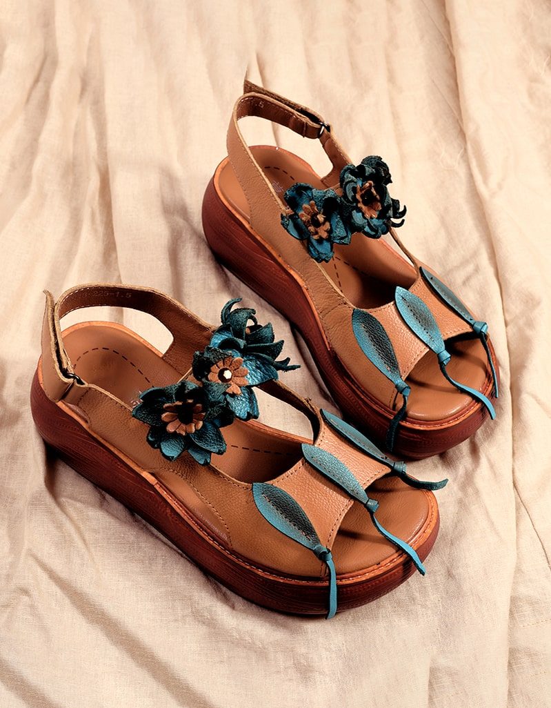 Flower Retro Leather Color Matching Beach Sandaler