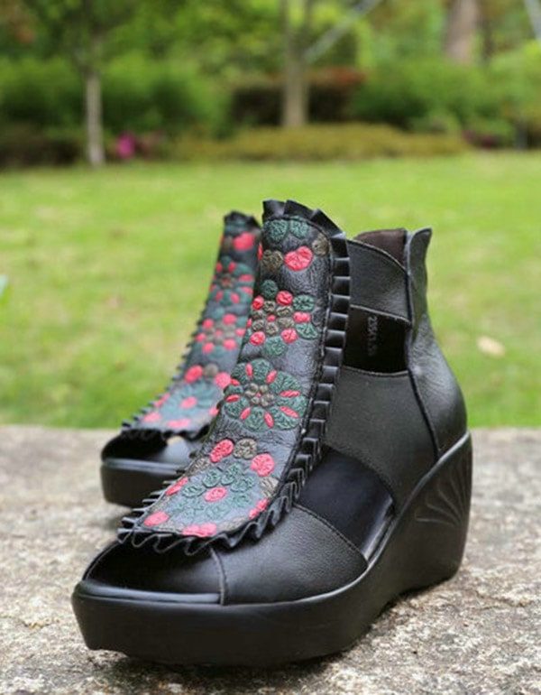 Håndlagde Retro Printed Wedge Sandaler