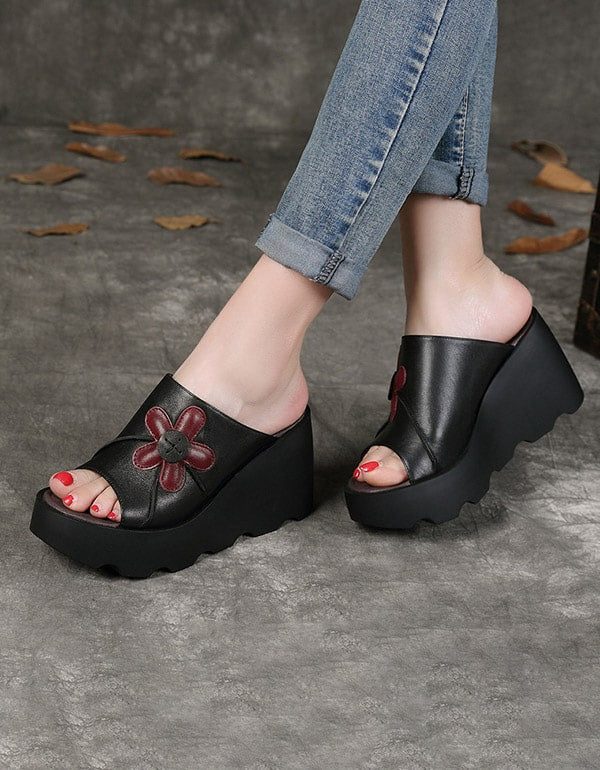 Håndlagde Retro Summer Black Wedge-tøfler