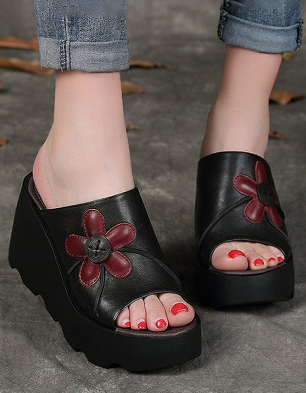 Håndlagde Retro Summer Black Wedge-tøfler