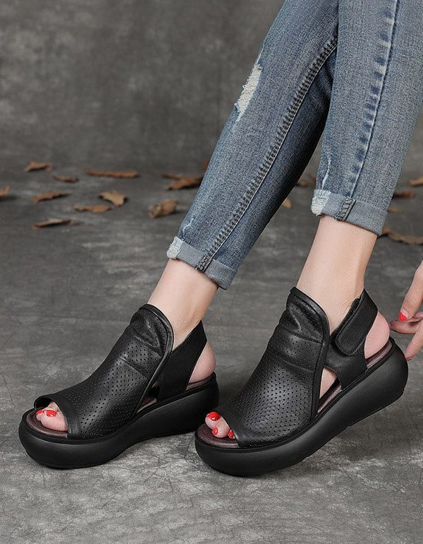 Retro Hollow Wedge Sandaler For Kvinner Slingback