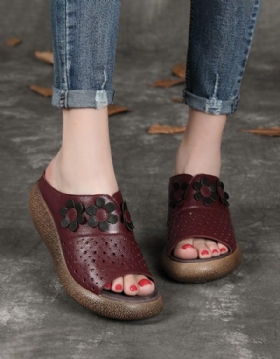 Retro Leather Flower Wege Slides For Kvinner