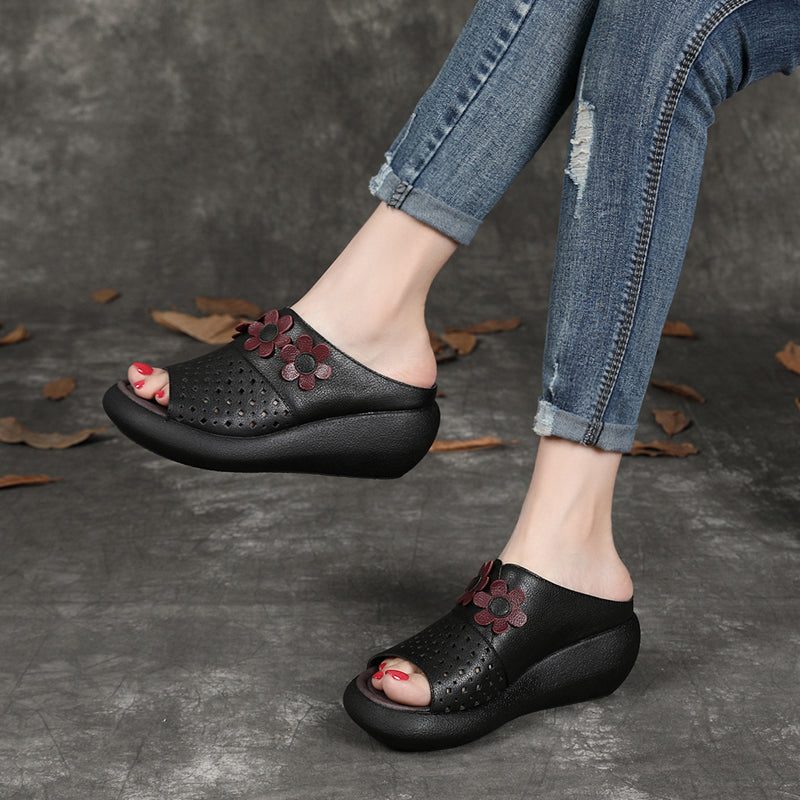 Retro Leather Flower Wege Slides For Kvinner