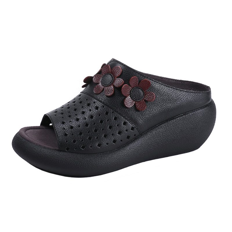 Retro Leather Flower Wege Slides For Kvinner