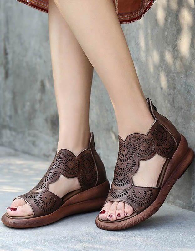 Retro Leather Open Toe Summer Wedge Sandaler