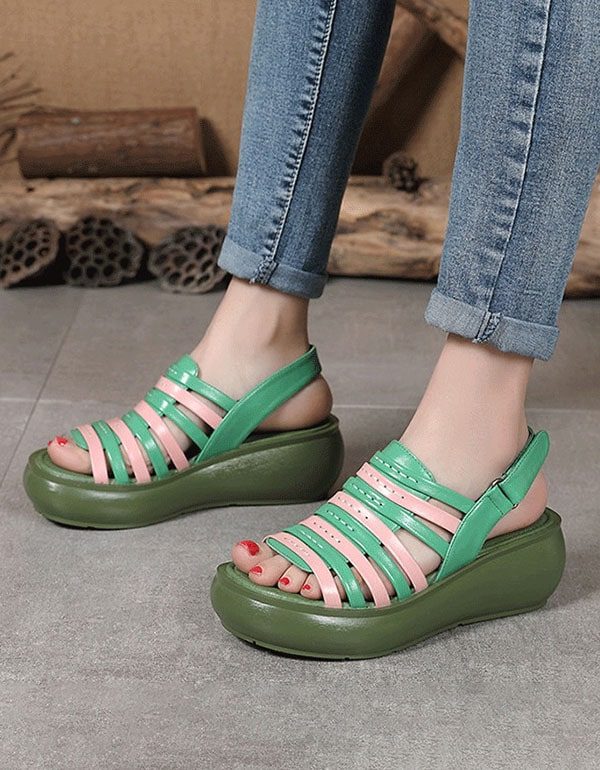 Retro Leather Summer Colorful Wedge Sandaler